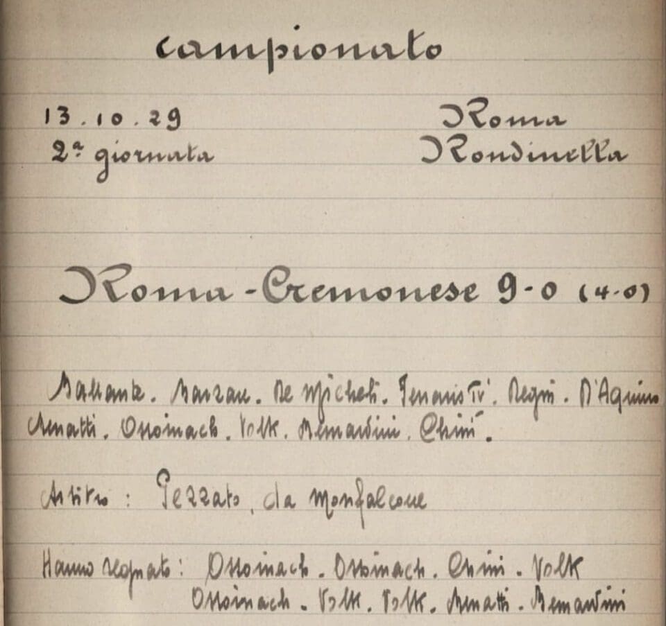 Tabellino di Roma-Cremonese del 13.10.1929