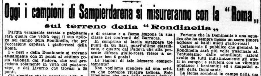 Il Messaggero annuncia Roma-Dominante del 1929